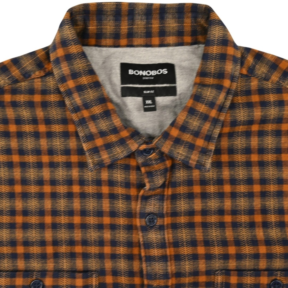 Bonobos Mens XXL Slim Fit Stretch Flannel Shirt Orange Navy Buffalo Plaid Cotton